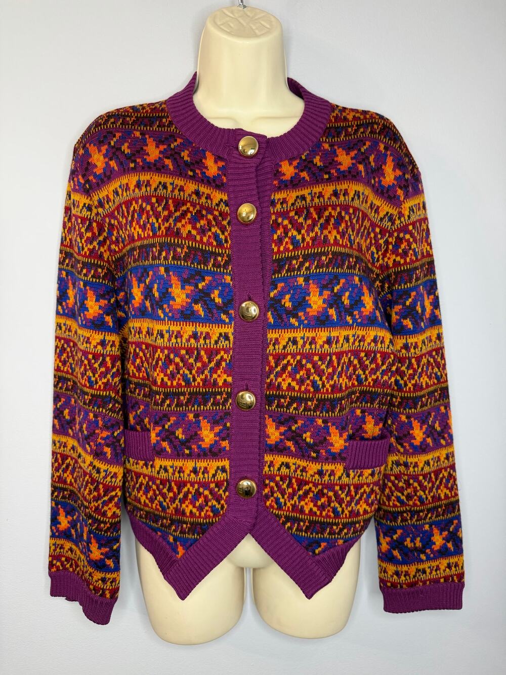VGT Yves Saint Laurent Rive Gauche Wool Fair Isle Cardigan Gold Buttons Multi 6